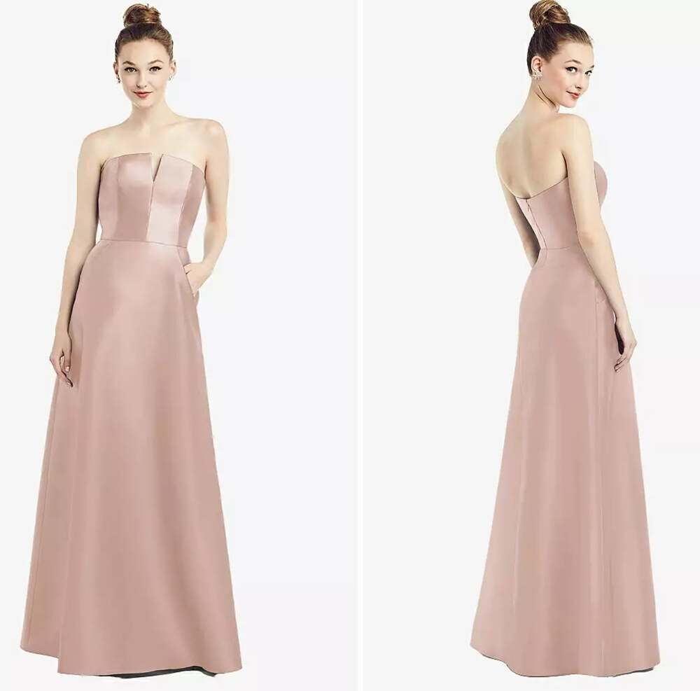 ALFRED SUNG D774 Strapless Notch Satin Gown Pockets Toasted Sugar Size 10